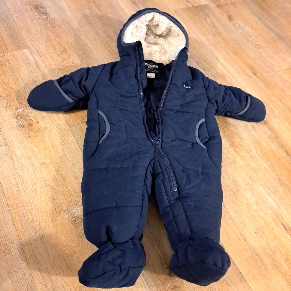 OshKosh B'gosh One-Piece Fleece Lined Navy Blue Hooded Baby Snowsuit 3-6 Months
